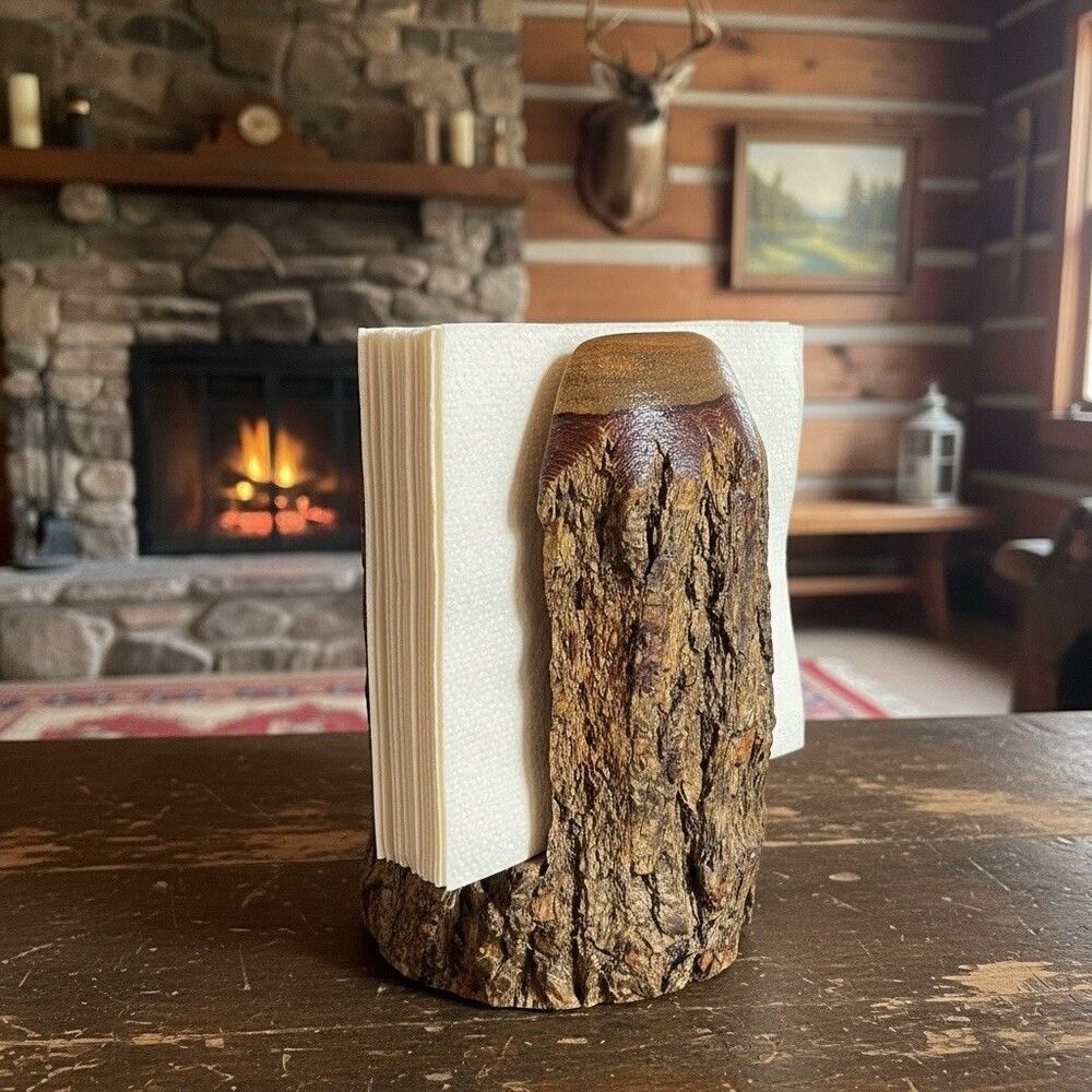 Rustic Wood Napkin Holder Cabin Letter Mail Organizer Bark Edge 4.5in Decor